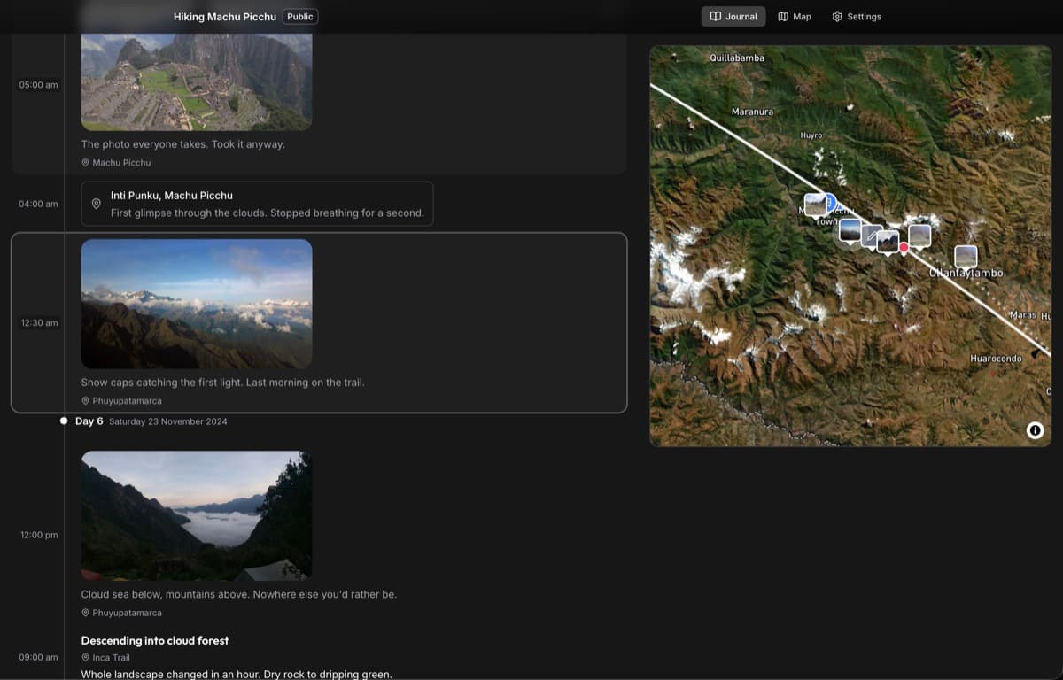 The journal and map working together — click a pin, find the moment
