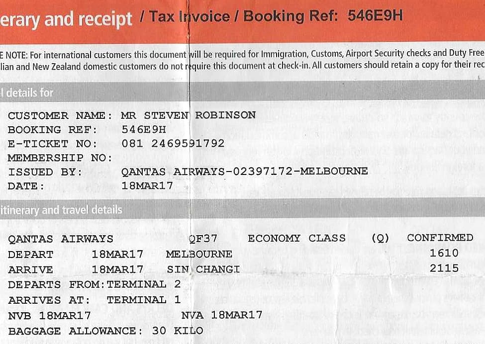 My first ticket to Singapore, dated 18 March 2017